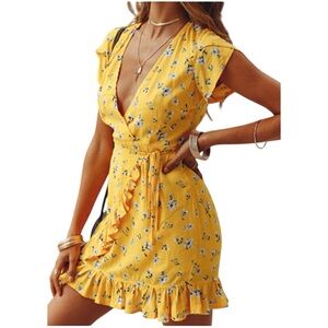 Zaful Yellow Floral V Neck Wrap style Dress with Flutter Hem Size Small